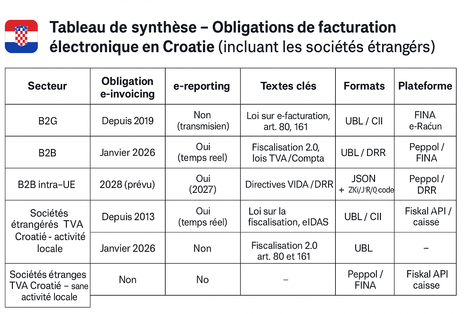 Calendrier facturation électronique Croatie